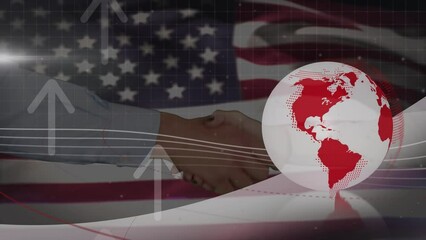 Animation of spinning globe and usa flag over people shaking hands - Powered by Adobe