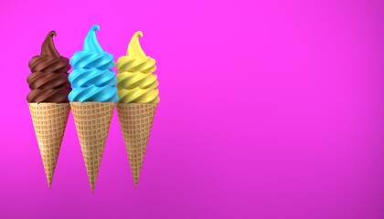 3d illustration , set of three ice cream cones of different flavors, fuchsia background, copy space 3d rendering