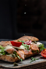 Sandwiches with homemade ciabatta bread, salted salmon fish, parmesan cheese, capers, cherry tomatoes and arugula, Restaurant menu, dieting, cookbook recipe top view