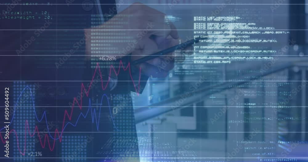 Aufkleber animation of diverse data and graphs over hands of caucasian businessman using smartphone