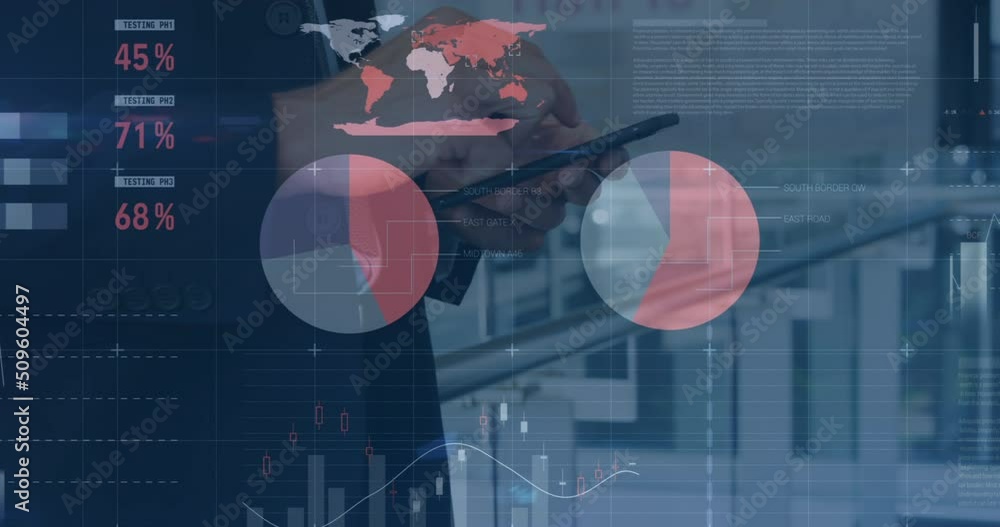 Poster animation of financial data and graphs over hands of caucasian businessman using smartphone
