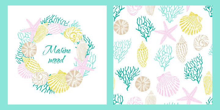 Greeting card from marine circular pattern of corals, shells, starfish. Postcard concept with place for text and seamless pattern.