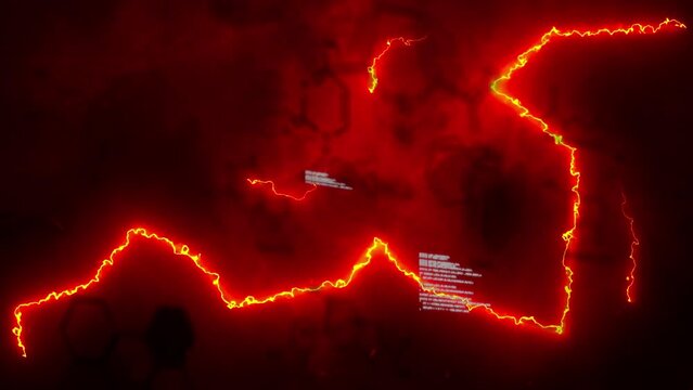 Animation of lightening and data processing on red and black background