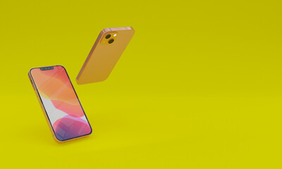 3d illustration, two mobiles, yellow background, copy space, 3d rendering