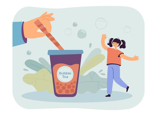 Hand giving bubble tea to happy tiny cute kid. Adorable girl drinking sweet chocolate beverage flat vector illustration. Beverage, summer concept for banner, website design or landing web page