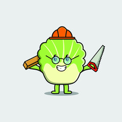 Cute cartoon chinese cabbage as carpenter character with saw and wood in 3d modern style design