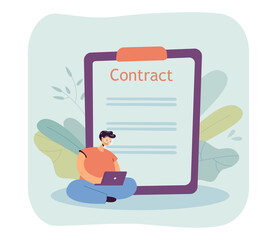 Tiny office worker sitting with laptop near paper agreement. Woman working with paper document flat vector illustration. Job contract, loan concept for banner, website design or landing web page