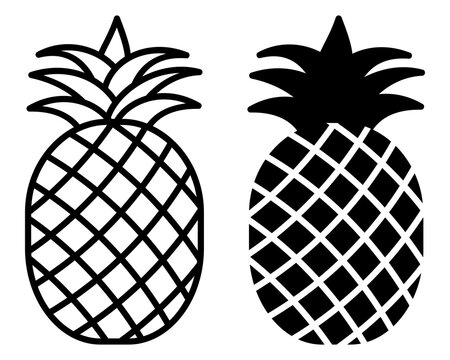 Pineaple outline and silhouette icon set. Ananas vector illustration isolated on white background. Tropical fruit.