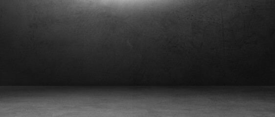Leere dunkelgraue Betonwand Zimmer Studio Hintergrund und raue Bodenperspektive gut bearbeitende Montage zeigt Produkte und Text auf schwarzem Hintergrund
