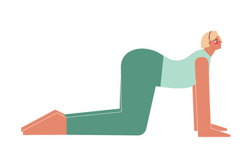 Vector isolated concept with flat female character. Strong woman learns posture with backbend Bitilasana at yoga class. Fitness exercise - Cow Pose
