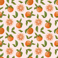 Watercolor seamless pattern with oranges and leaves. Citrus bright pattern. Slice of orange with tangerine and leaves. Watercolor fruit background. Organic product for healthy food design, menu.