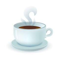 3d cartoon style cup of hot tea and saucer icon. Mug of coffee or hot drink with steam on white background flat vector illustration. Beverage, morning, energy concept
