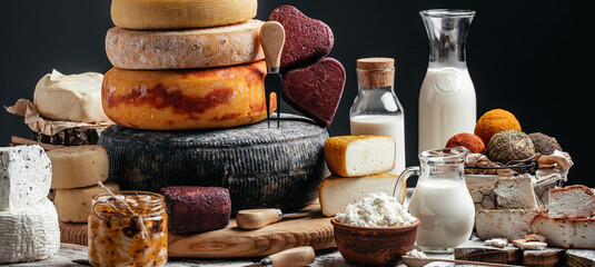 various types of cheese, Various kind of dairy products cheese, traditional pieces of french and...