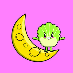 Cute cartoon Chinese cabbage character standing on the crescent moon in 3d modern design