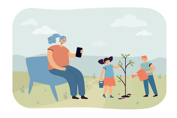 Cartoon mother sitting on bench and children watering tree. Boy and girl planting tree, woman resting with phone flat vector illustration. Spring, gardening, family concept for banner, website design