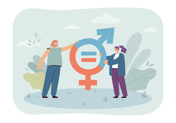 Women holding gender equal signs. Female characters fighting for equality between man and woman flat vector illustration. Feminism, balance concept for banner, website design or landing web page