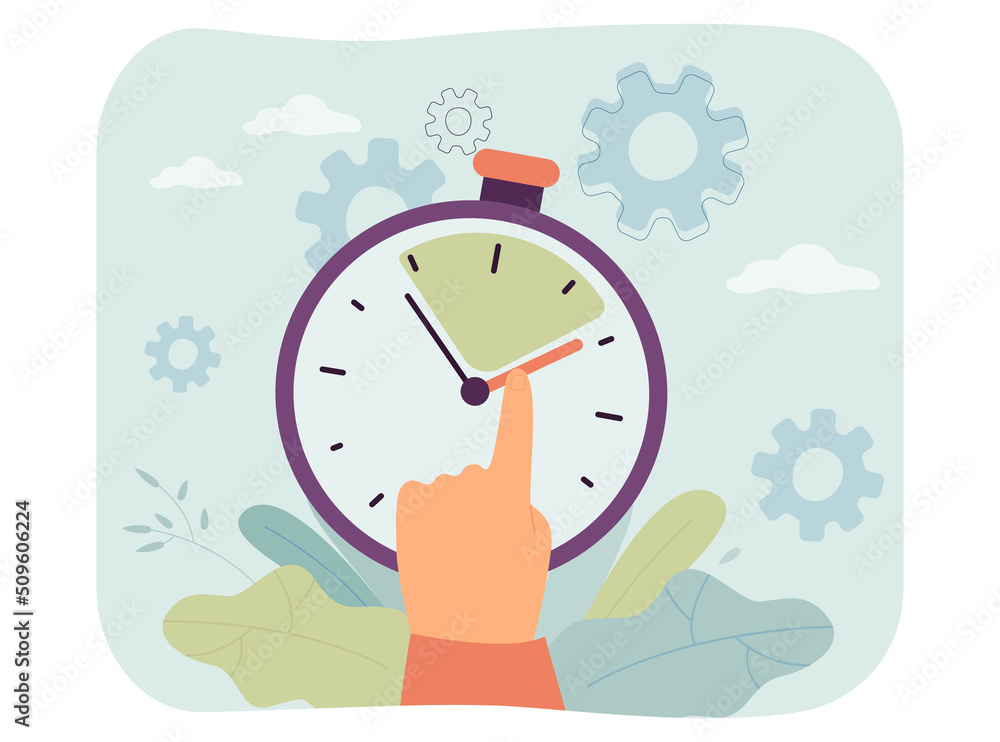 Poster finger moving hand of timer to control time interval. man organizing work with stopwatch flat vector