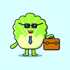 Cute cartoon chinese cabbage businessman character holding suitcase illustration