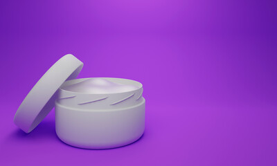 3d illustration, face cream, in plastic container, cosmetic concept, purple background, copy space, 3d rendering