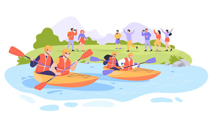Cartoon people on river bank watching kayak race. Persons with paddles in boats kayaking or rafting, racing on boats flat vector illustration. Water sports, competition, active lifestyle concept