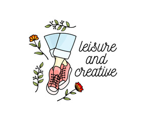Legs dangle shod in sneakers and flowers, logo design. Shoes, fashion, plants and nature, vector design and illustration