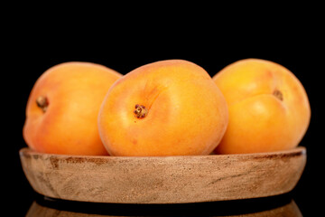 Three ripe sweet apricots with a wooden tray, close-up, isolated on a black background.