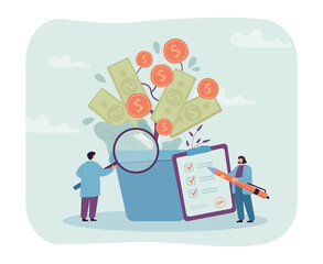 Tiny investors learning money plant growth. People holding magnifying glass, pen and list flat vector illustration. Finance, commission, success concept for banner, website design or landing web page
