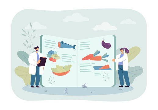 Tiny dieticians standing near giant food recipe book. Man and woman offering healthy meal flat vector illustration. Cookbook, culinary, diet concept for banner, website design or landing web page