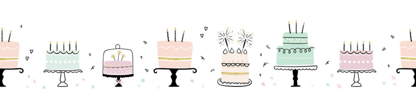 Fun hand drawn party seamless background with cute decorated cakes. Great for birthday parties, textiles, banners, wallpapers, wrapping - vector design