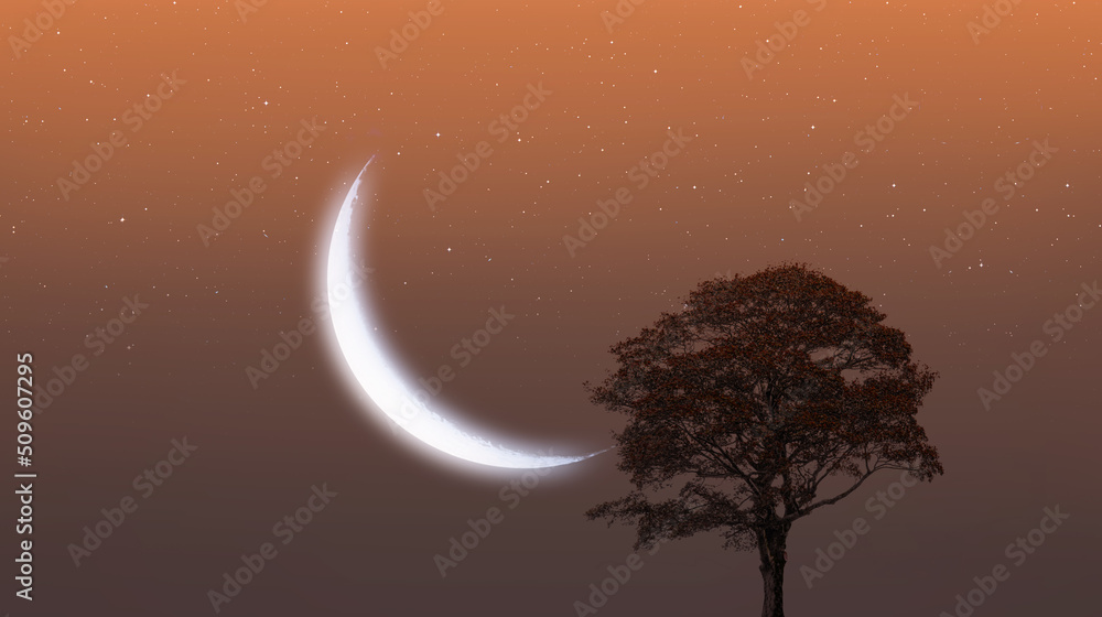Poster lone tree with big crescent moon in the background at amazing sunset