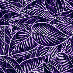 Monochrome leaves engraved seamless pattern. Vintage purple background with tropical leaf in hand drawn style.