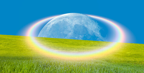 A rainbow reaching the dark side of the moon - Beautiful landscape with green grass field, amazing...