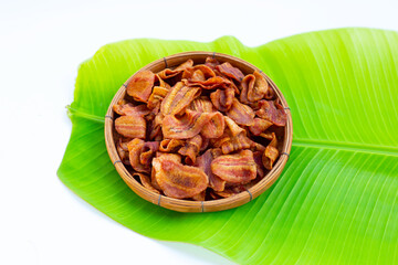 Banana slice chips on white background.