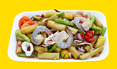 Lotus stem spicy salad with seafood. Thai food recipes