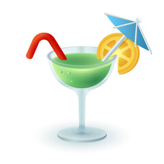 3d cartoon style glass of summer alcoholic cocktail icon. Realistic refreshing beverage with straw, lemon and umbrella, mojito, fresh beach cocktail flat vector illustration. Party, bar, drink concept