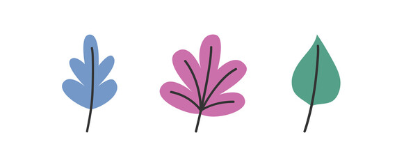 Hand drawn cute floral illustration of forest leaves set. Flat vector botanical elements in simple colored doodle style. Forest, nature, autumn sticker, icon or print. Isolated on white background.