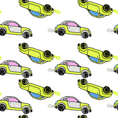 Cute sportcar seamless pattern. Transport wallpaper. Kids hand drawn automobile background.