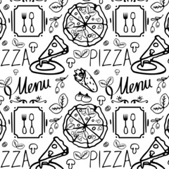 Seamless pattern with images of pizza and other foodstuffs in a doodle style 