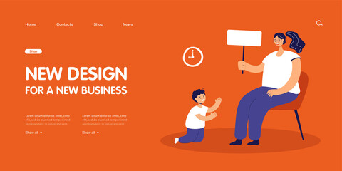 Young kindergarten teacher sitting on chair and playing with boy. Woman teaching child via game flat vector illustration. Upbringing and education concept for banner, website design or landing web