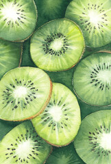 Watercolor illustration. Juicy kiwi slices. View from above. Fruit background.