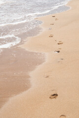 Human footprints on the beach, footprints on the yellow warm sand in summer.