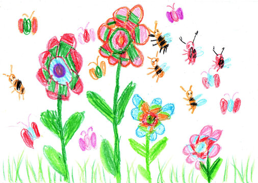 Child drawing butterfly, bees and flowers