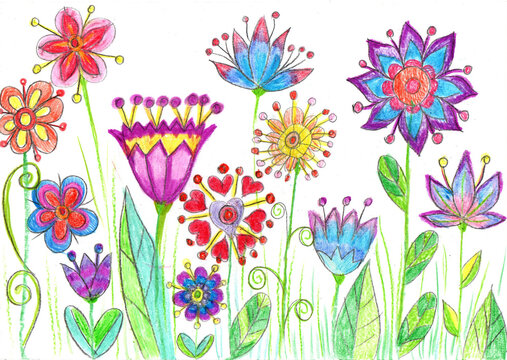 Child's drawing of beautiful flowers in nature