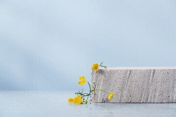 Сoncrete stone cosmetic podium with yellow flowers on blue background. Cosmetic display product...