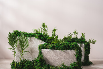 Concrete podium surrounded by moss and green plants for branding. Textured stones on beige...