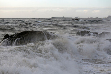 Fototapeta premium Oporto stormy seascape seeing Leixoes harbor entry