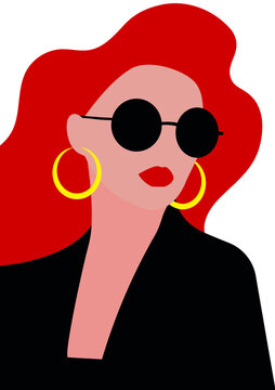 fashion girl in glasses with red hair, gold earrings and a black jacket for posters, postcards, events, websites, profile pictures, characters, exhibitions, web design, etc.