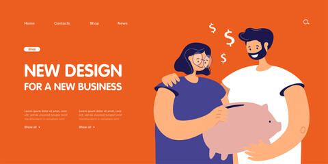 Man and his wife holding piggy bank. Couple thinking about money with moneybox in hands flat vector illustration. Household saving, family budget concept for banner, website design, landing web page
