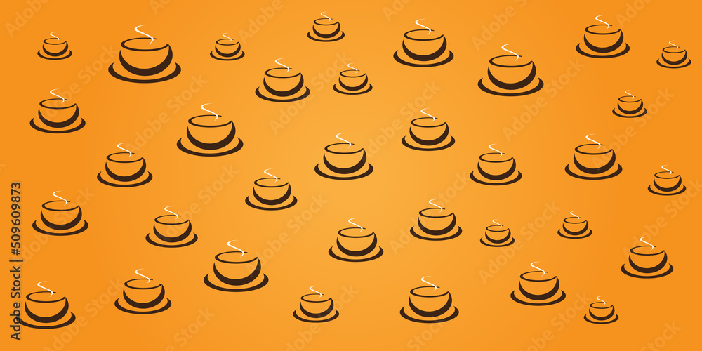 Poster lots of brown coffee cup or soup bowl icons of various sizes - pattern on wide scale orange backgrou