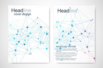 Scientific brochure design template. Vector flyer layout, Molecular structure with connected lines and dots. Scientific pattern atom DNA with elements for magazine, leaflet, cover, poster design.